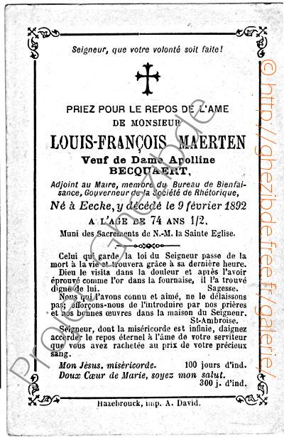 Louis Franois Maerten veuf de Dame Apolline Becquaert, dcd  Eecke, le 09 Fvrier 1892.